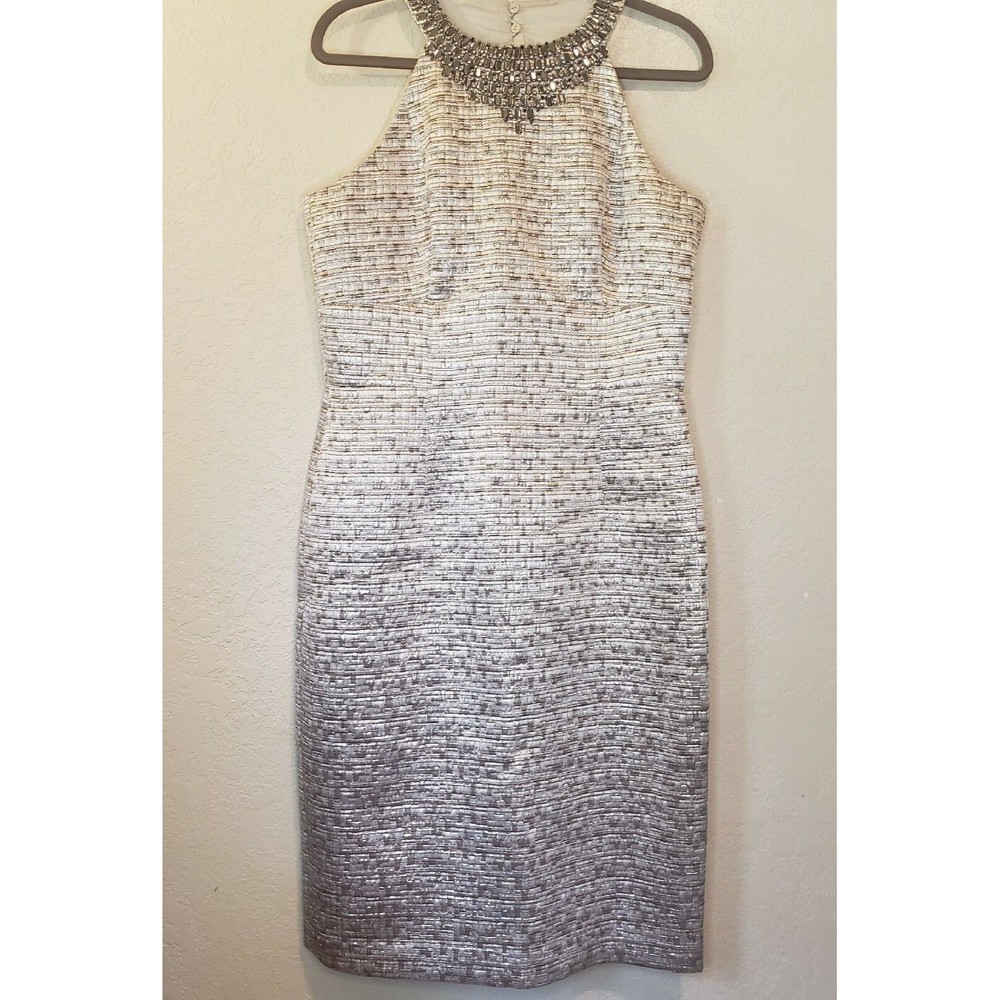 Maggy London Womens Ivory Gold Tweed Sleeveless Jeweled Sheath Dress Size 14